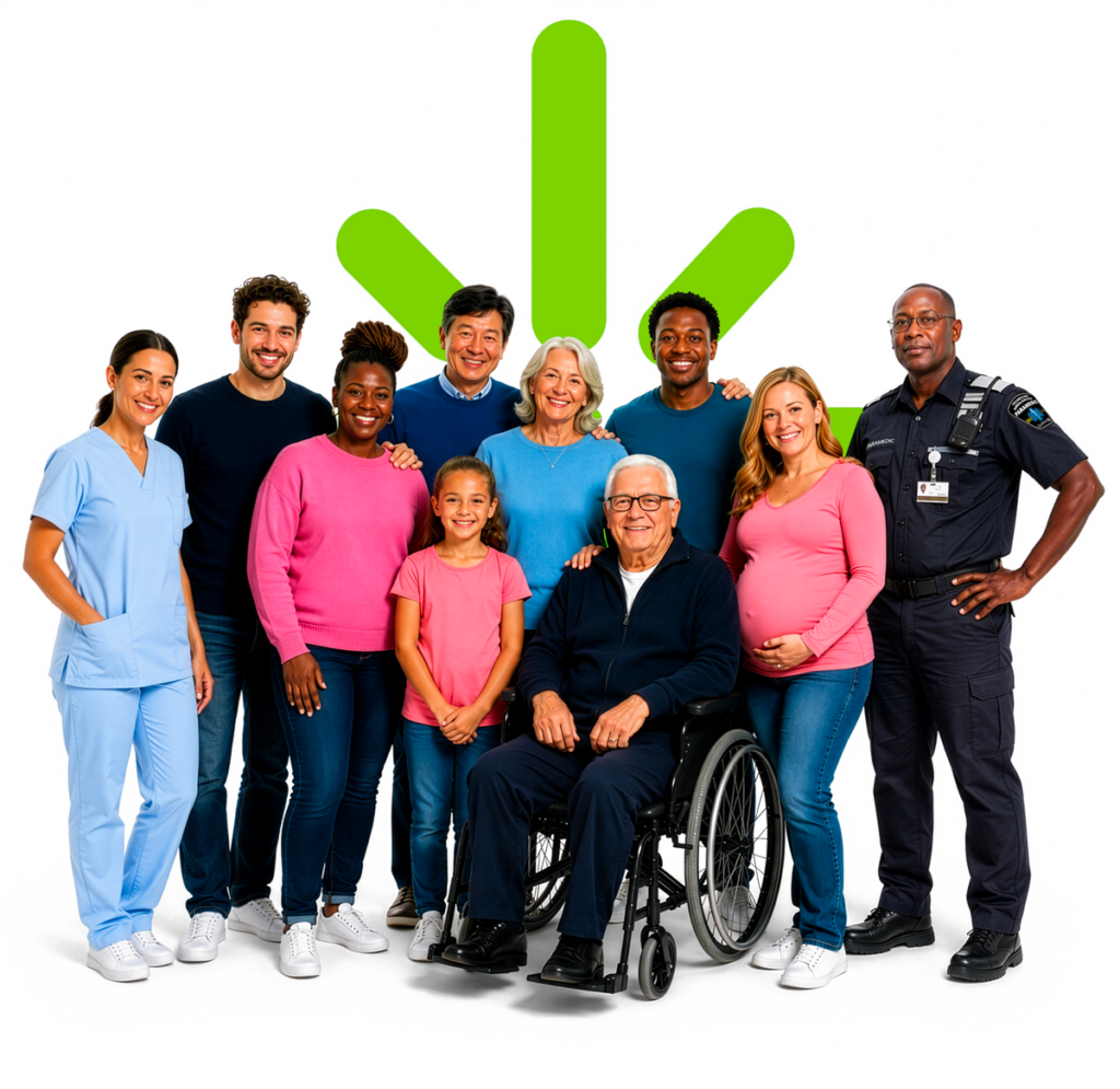 Groupe diversifié de personnes, dont du personnel soignant et une personne en fauteuil roulant, réunies devant le symbole vert de Coup de Pouce Santé, sur fond transparent.