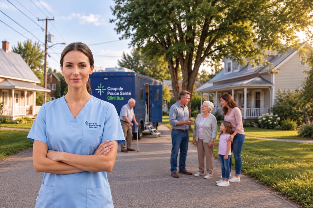 Infirmière de Coup de Pouce Santé Clini Bus les bras croisés, avec une famille multigénérationnelle qui se retrouve devant une maison en arrière-plan.